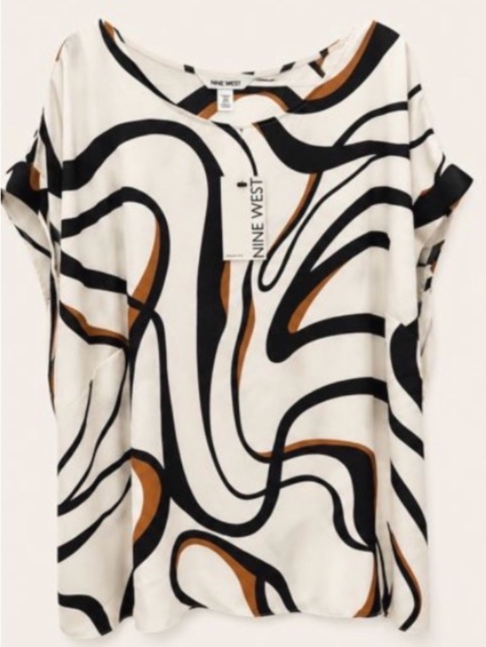 Nine West White Short Sleeve Top with Black and Brown Abstract Swirls